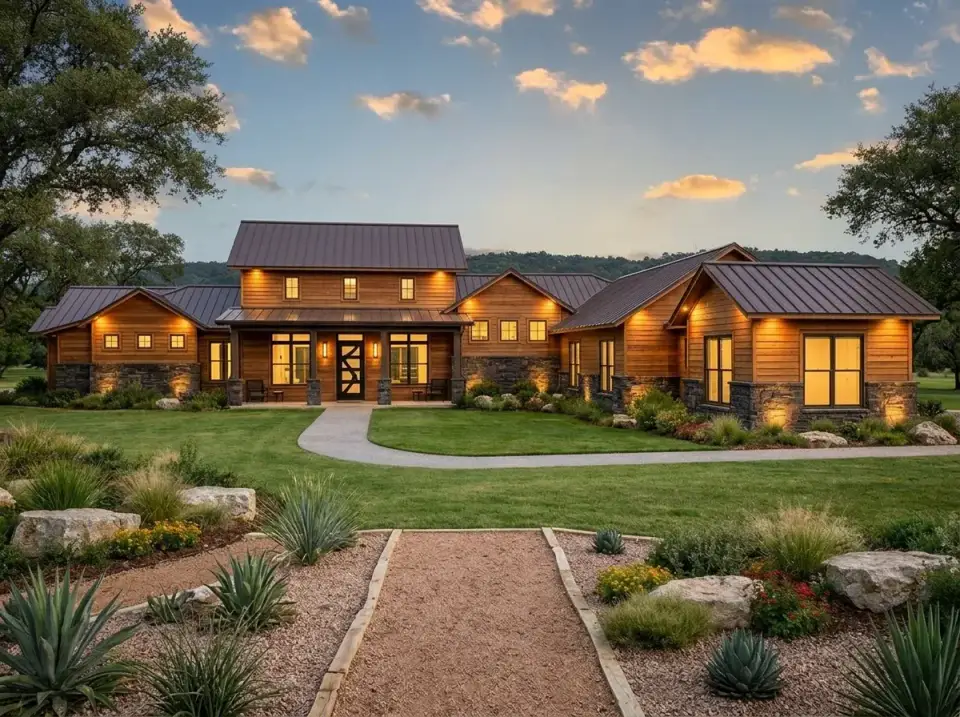 Warm contemporary craftsman facade with rich horizontal wood siding, dark stacked stone veneer, prominent timber posts, and native grass landscape
