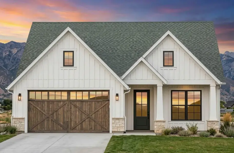 Side elevation highlighting the board-and-batten cladding rhythm, stone veneer foundation wrap, and dark window frames