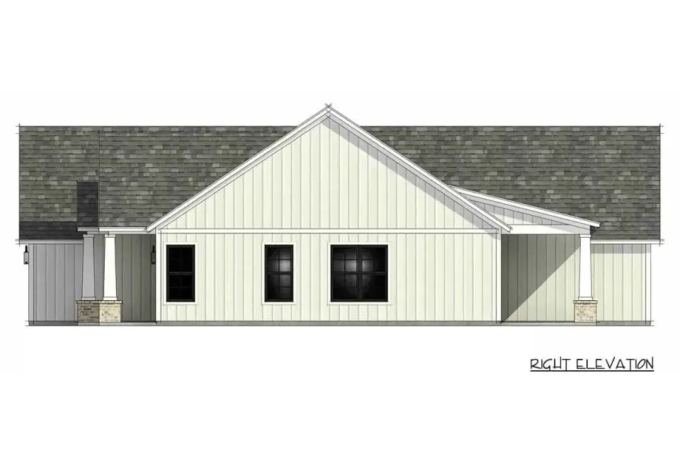 Evening rendering showing porch lighting, illuminated entry, and ambient lighting on the stone veneer base of the modern farmhouse cottage