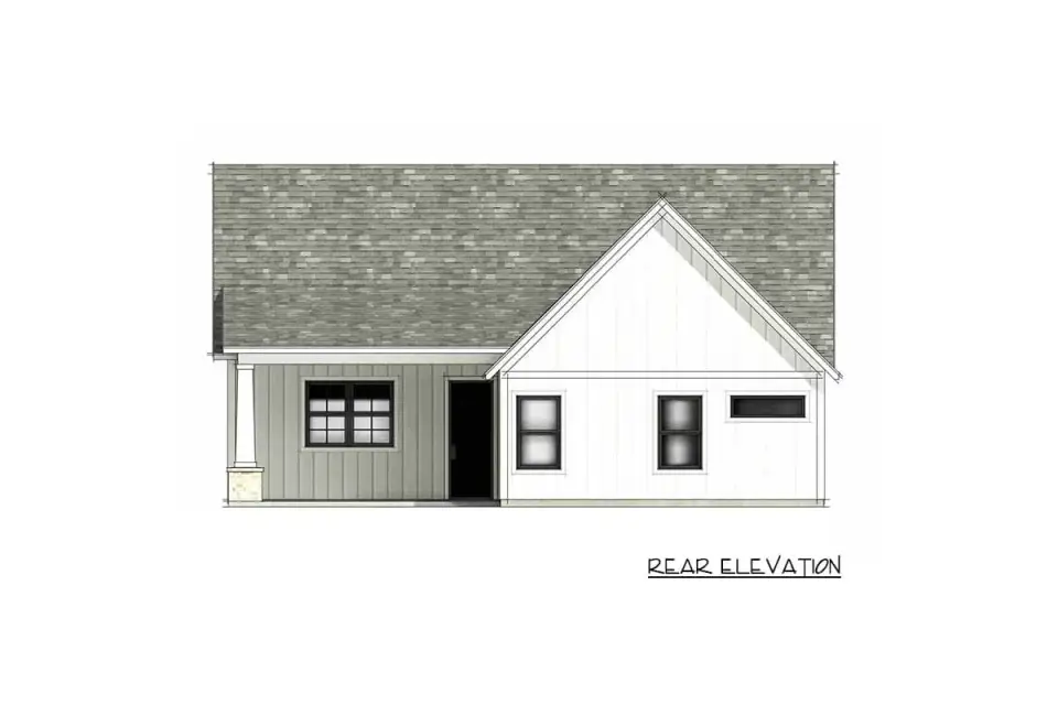 Context view of the 1,601 sq ft modern farmhouse cottage sited on a typical residential lot with front-yard landscaping and concrete driveway approach