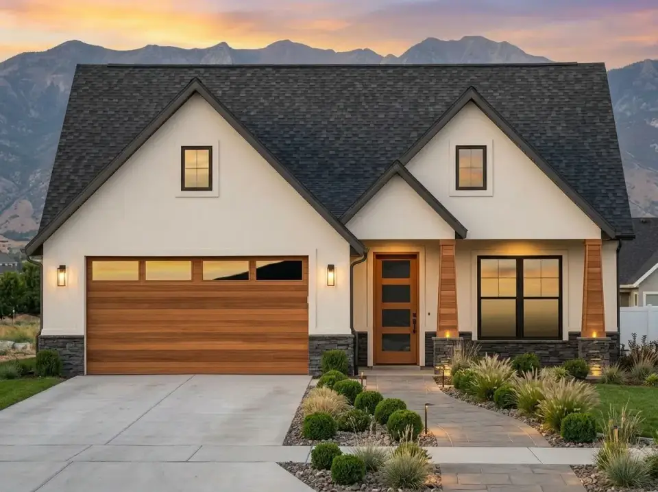 Warm stucco and wood facade variation with cream stucco walls, rich horizontal wood plank siding on the garage door and matching wood columns, dark stone veneer base, curved flagstone pathway, manicured spherical shrubs, ornamental grasses, and lush green lawn