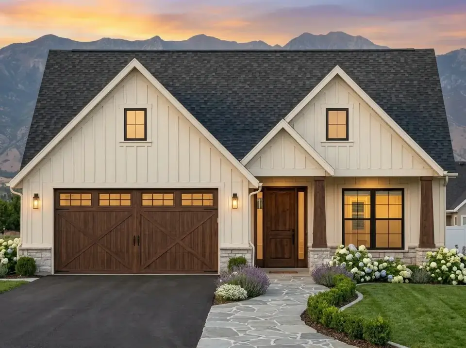 Classic cottage farmhouse facade variation with white board-and-batten siding, dark wood carriage-style garage door with X-bracing, light-colored stone base, lush pastoral landscaping with white hydrangeas, purple lavender, manicured boxwoods, and winding flagstone path