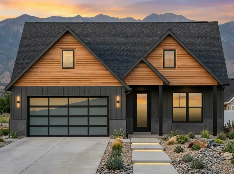 Mixed-material contemporary facade variation with warm horizontal wood siding on the primary gable contrasted by dark grey panels on lower sections and garage surround, modern glass garage door, minimalist entry lighting, river rock beds with drought-tolerant agave plantings, illuminated concrete steps