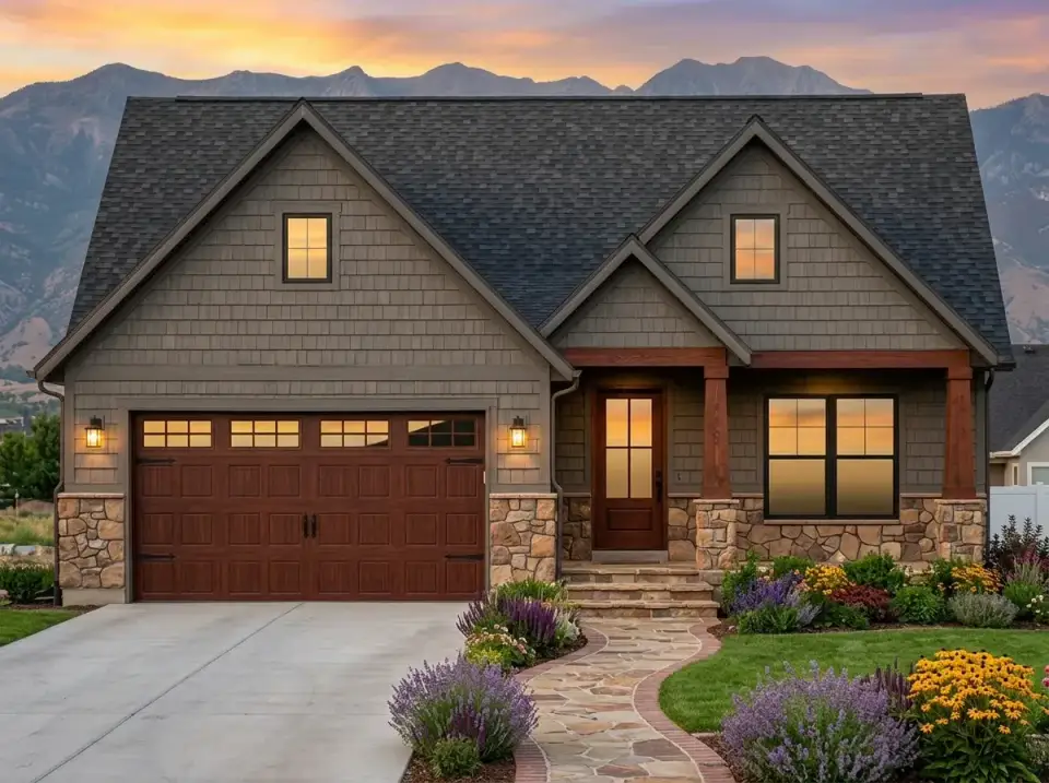 Rustic craftsman facade variation with cedar shake siding in warm taupe tone, heavy timber beams at the entry, substantial fieldstone base, rich wood panel garage door with decorative hardware, dense cottage garden with purple salvia and yellow coneflowers, rustic flagstone walkway