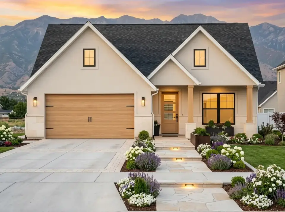 Soft contemporary facade variation with smooth light beige stucco, very light blonde wood for the garage door and entry columns, smooth limestone base, large format pavers, integrated step lighting, and architectural planter boxes filled with white florals and lavender