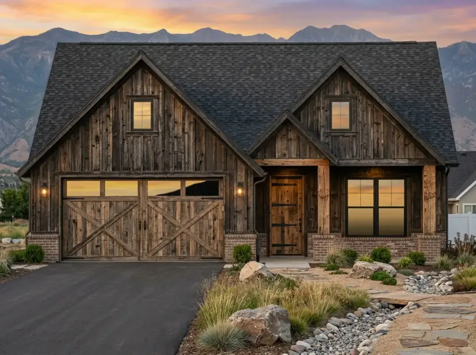 Mountain rustic facade variation with heavily weathered dark vertical wood siding, distressed wood X-brace garage door, rustic brick base, naturalistic landscape with large boulders, river stones, native grasses, and flagstone path