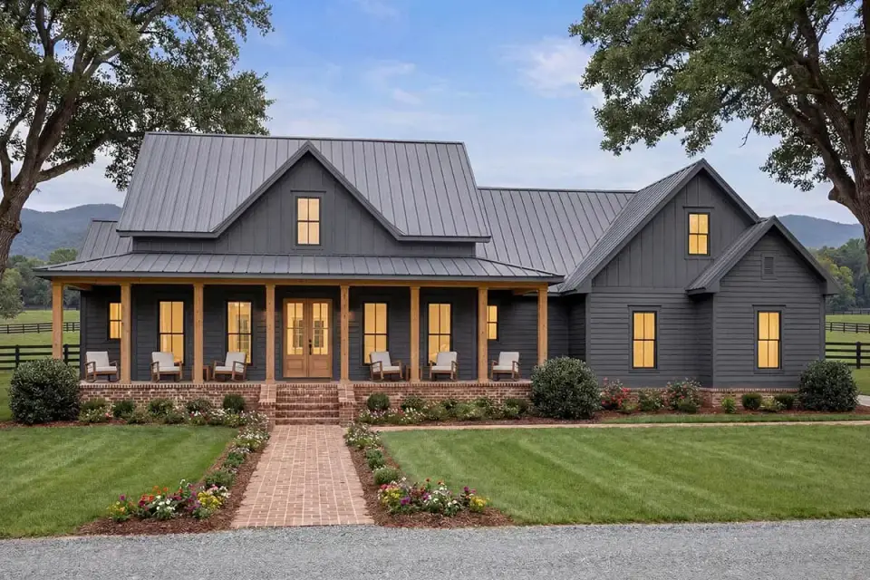 Rear elevation featuring expansive covered porch double doors to great room and secondary bedroom windows