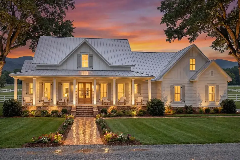 Front porch detail with tongue-and-groove ceiling cedar columns painted railings and carriage-style lanterns