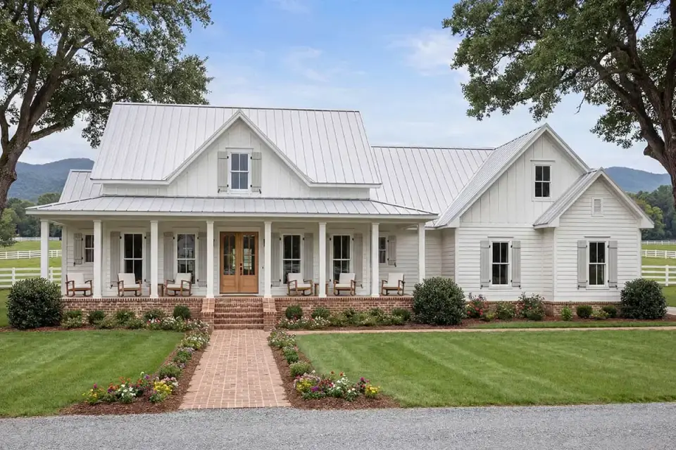 Dusk exterior rendering with warm lighting glowing through great room windows against dark board-and-batten siding