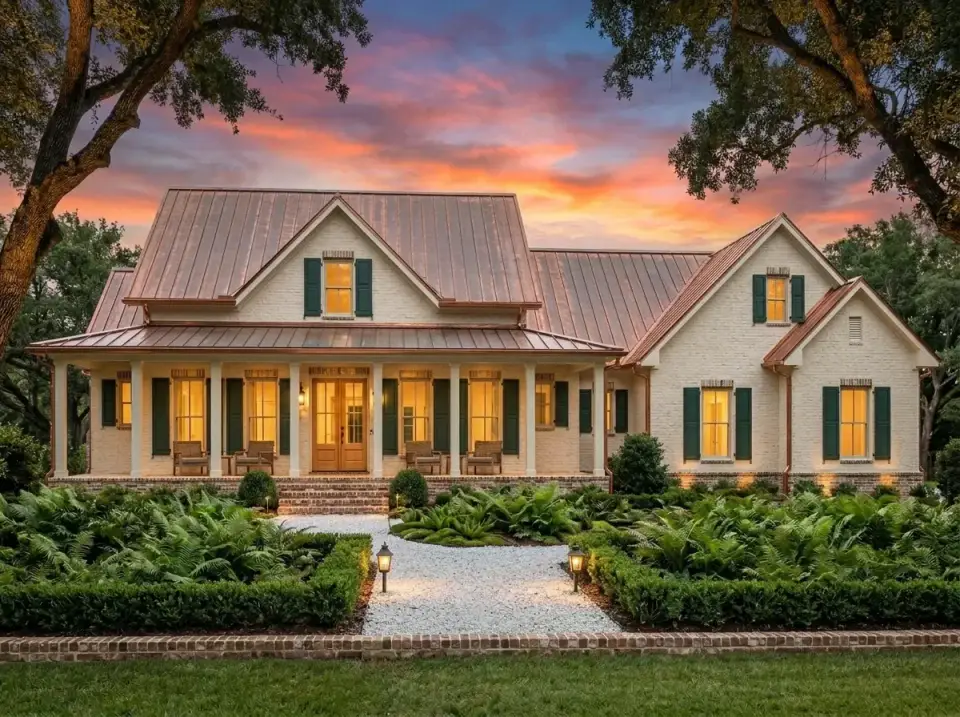 Classic Southern farmhouse with painted white brick copper roof dark green shutters wood columns gravel path bordered by ferns and hedges