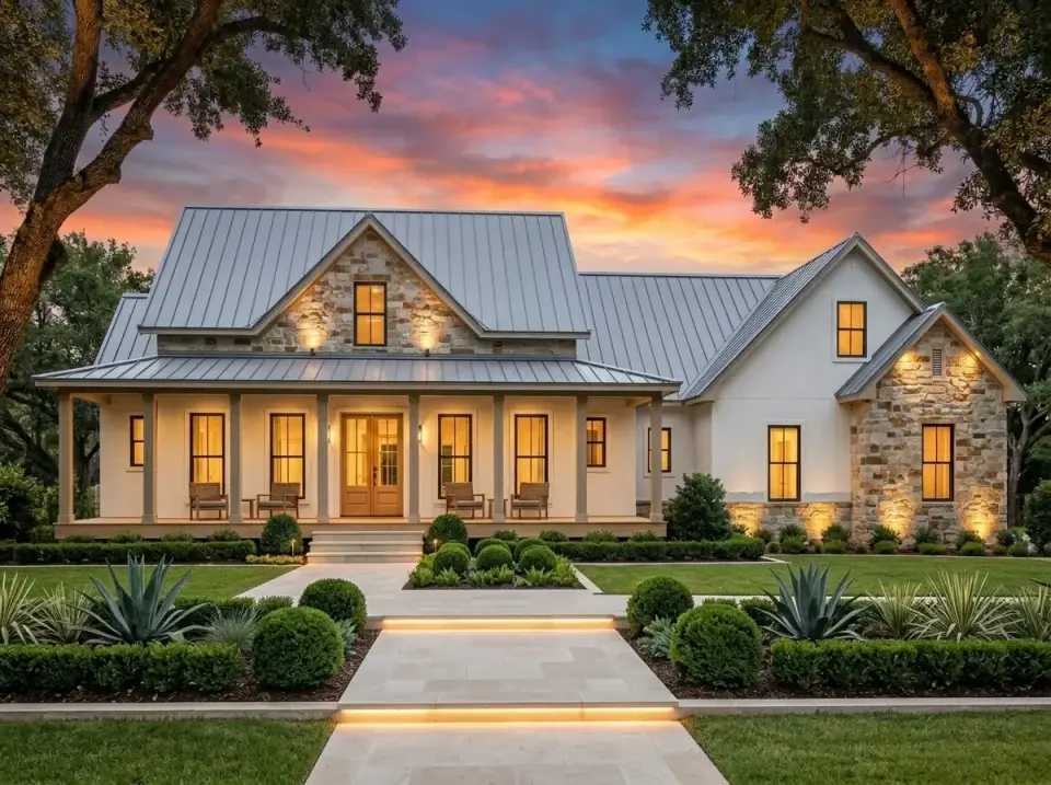 Rustic farmhouse with white board-and-batten siding stacked stone veneer gables grey metal roof wood columns stone pavers riser lighting boxwood globes and spikey accent plants