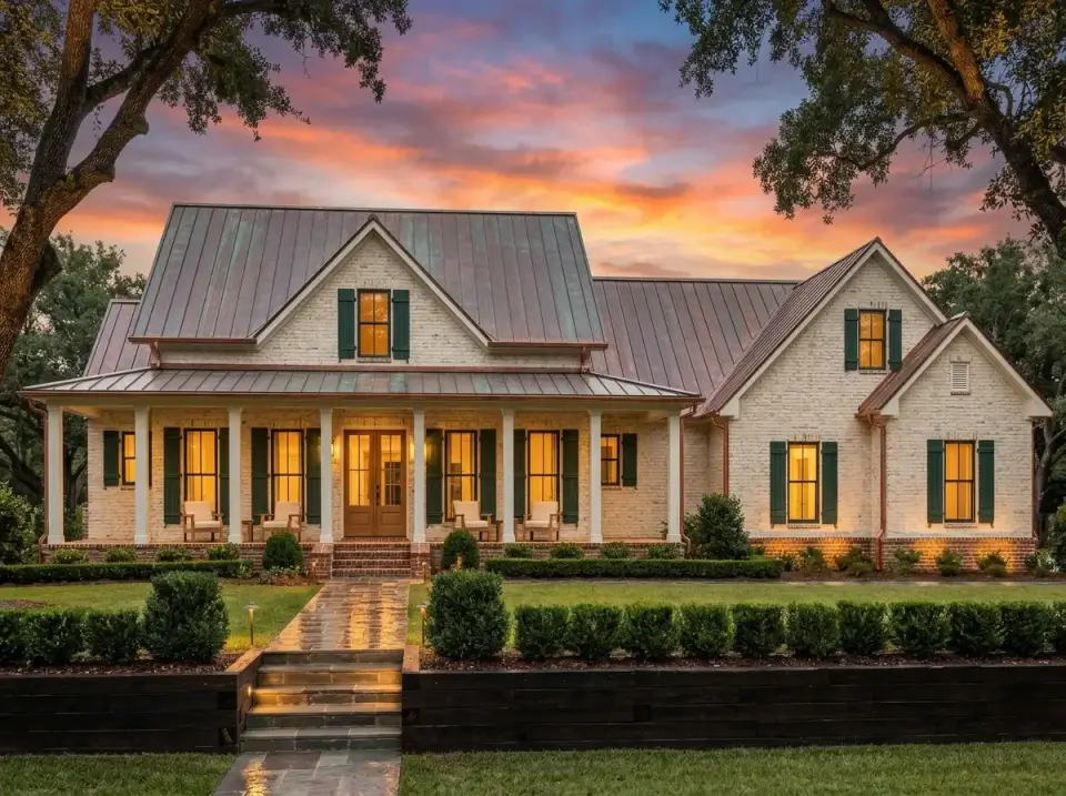 Traditional whitewashed brick farmhouse with aged copper roof dark green shutters red brick pathway hydrangeas and mixed shrub landscaping