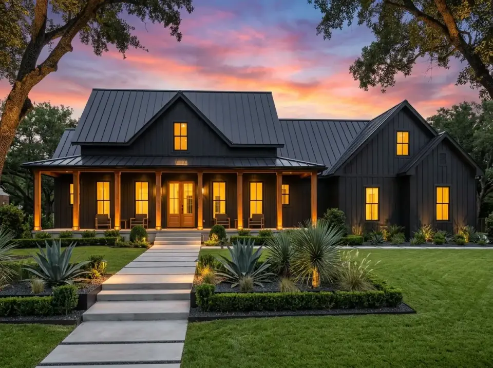 Sleek monochromatic black board-and-batten farmhouse with matching black trim and metal roof natural wood columns and door large concrete pavers yucca and agave in dark mulch