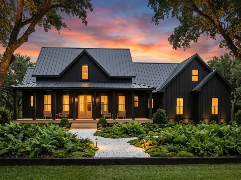 Dark cottage farmhouse with dark siding shutters dark metal roof natural wood columns bright white gravel path abundant ferns and mossy ground cover