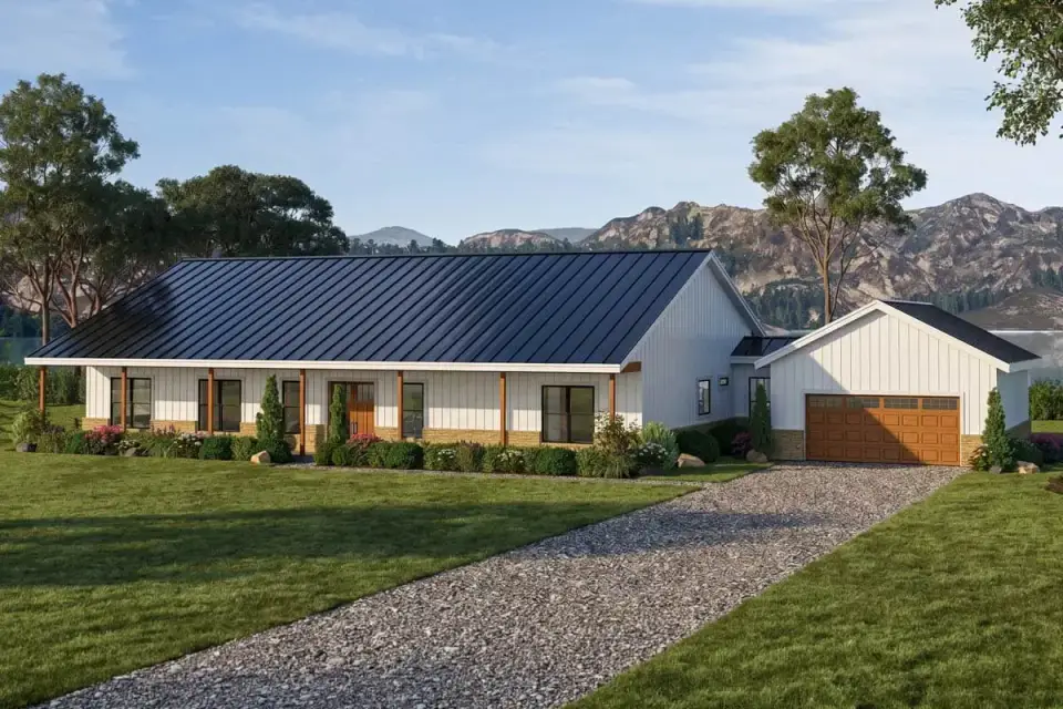 Barndominium farmhouse plan 35145GH front exterior with vertical siding and standing seam metal roof