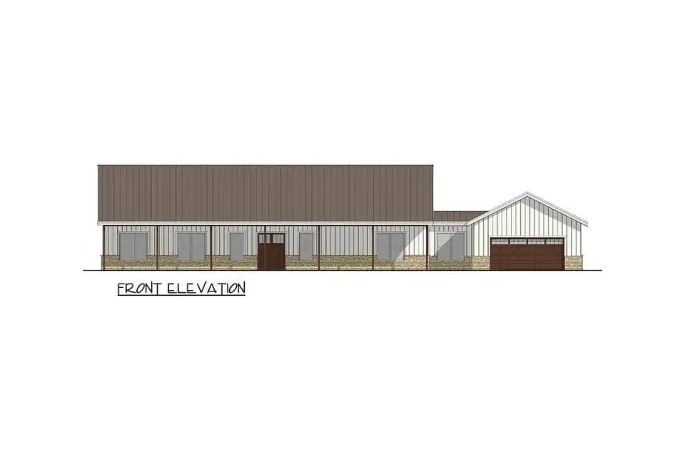 Side angle of plan 35145GH showing the long low-pitched gable roofline