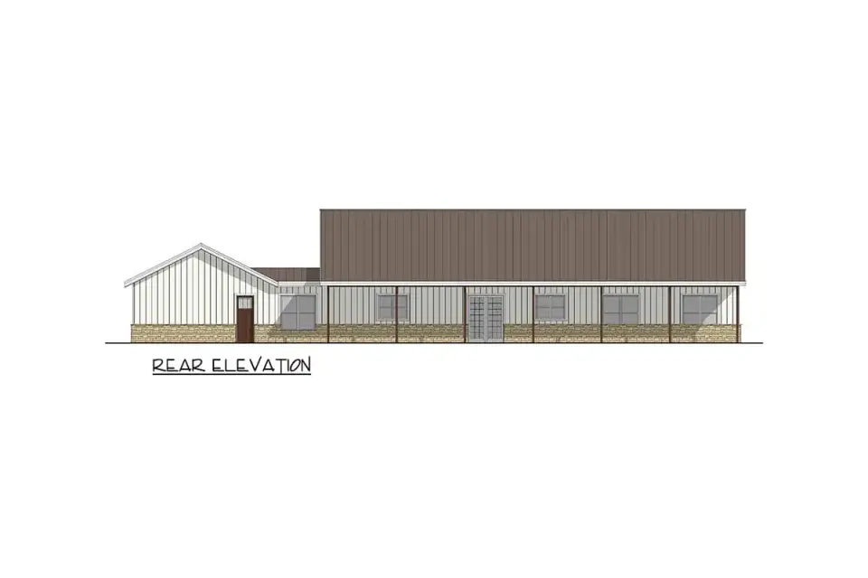 Rear elevation of barndominium farmhouse plan 35145GH with full-width covered porch