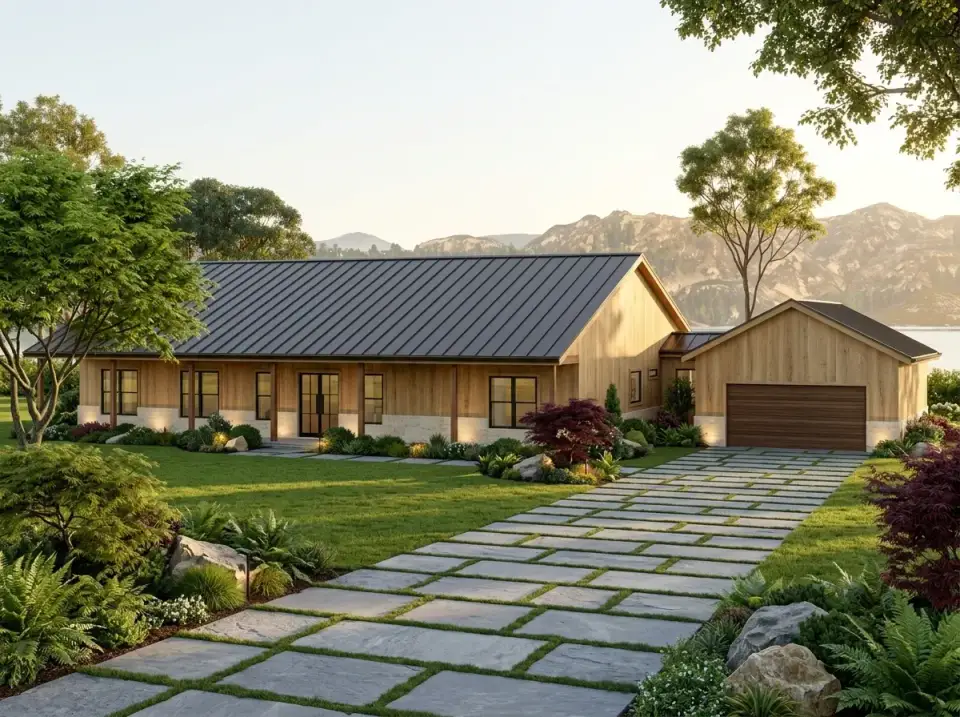 Natural wood farmhouse facade of plan 35145GH with cedar siding and stone base