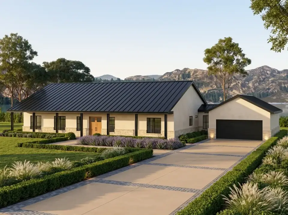 Modern formal farmhouse facade of plan 35145GH with crisp white siding and boxwood parterres