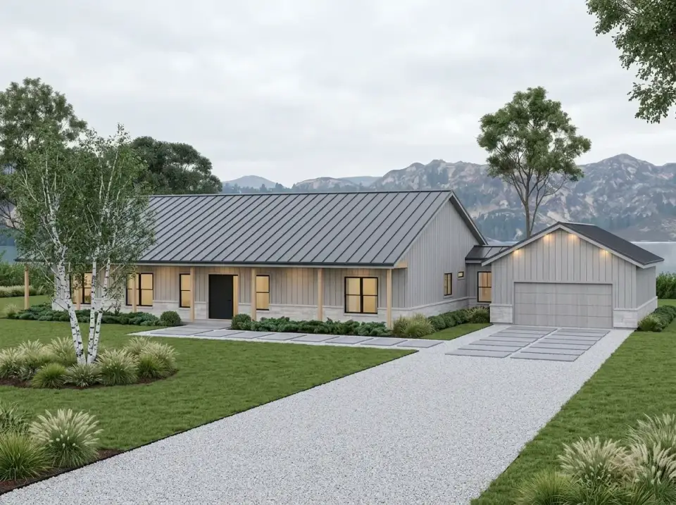 Scandinavian minimalist farmhouse facade of plan 35145GH with gray board and batten