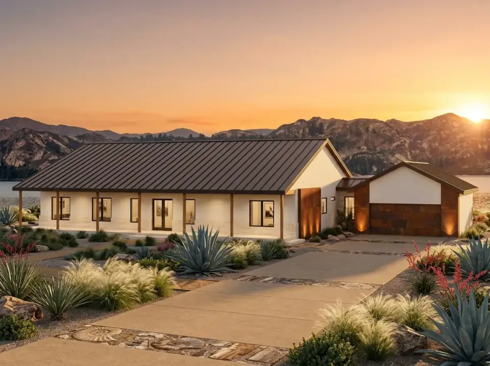 Desert modern farmhouse facade of plan 35145GH with white plaster and corten accents