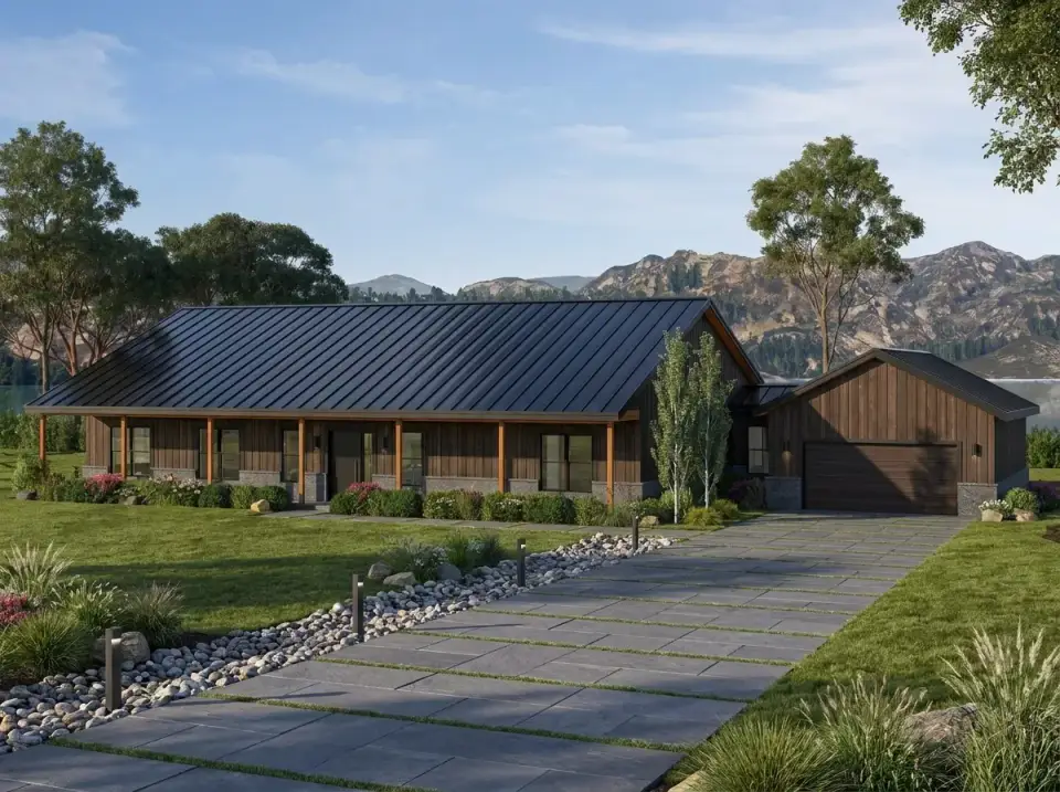 Mountain dark wood farmhouse facade of plan 35145GH with black metal roof and stone base