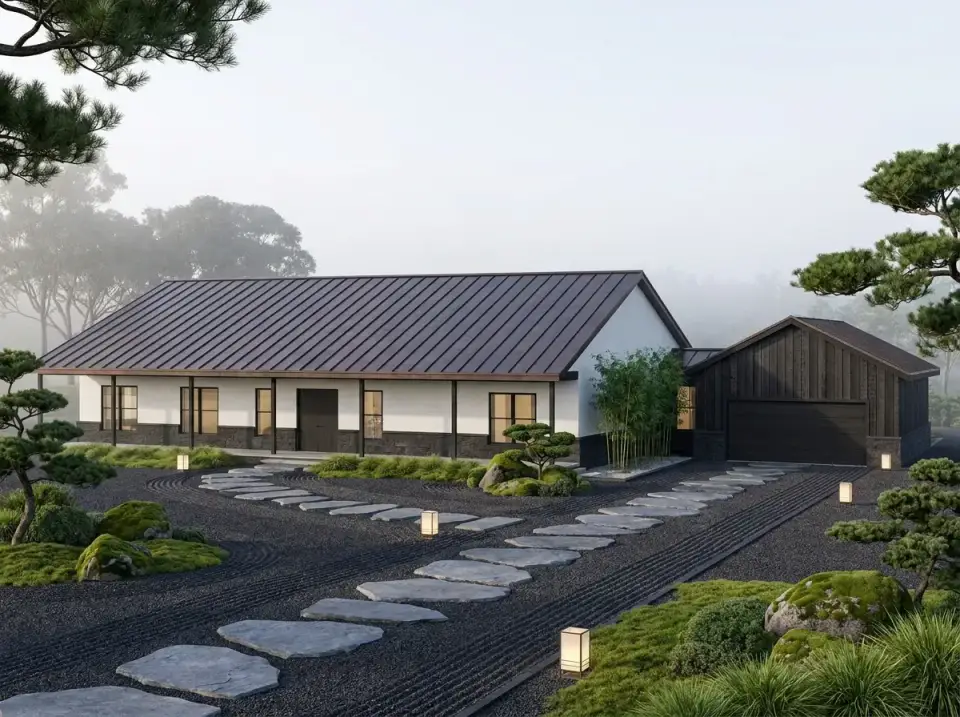 Japandi zen farmhouse facade of plan 35145GH with raked gravel and bamboo garden