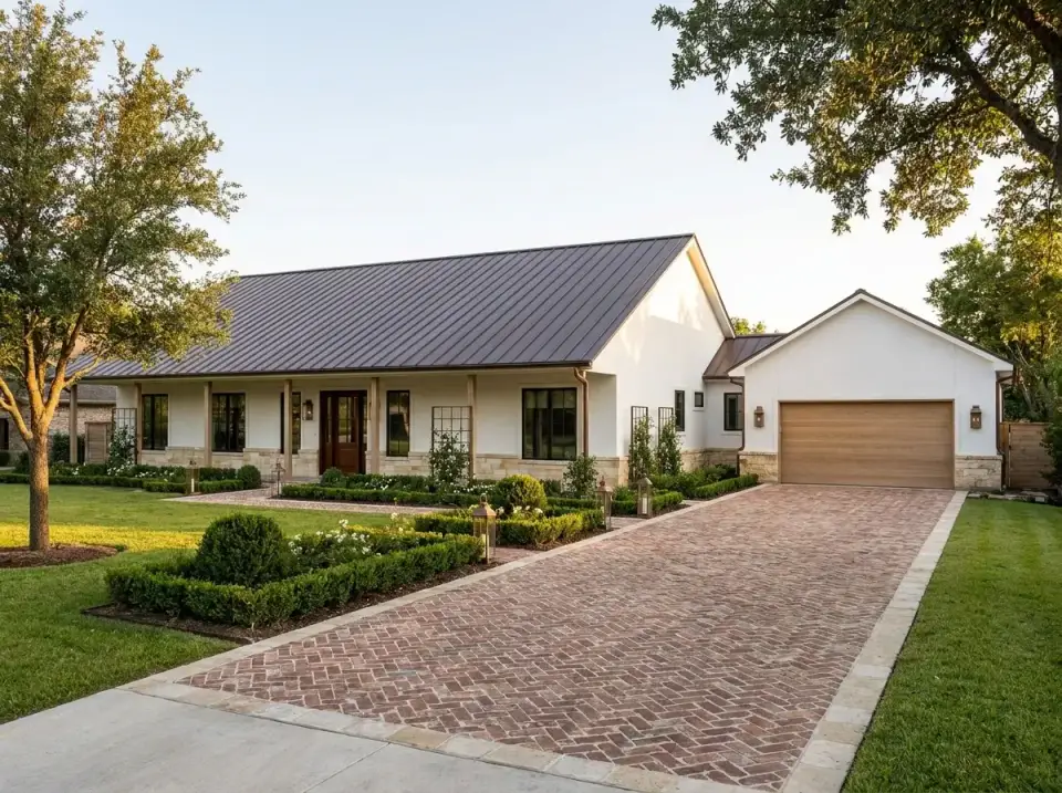 Traditional Southern estate farmhouse facade of plan 35145GH with herringbone brick drive and boxwoods