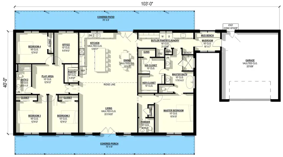 Main level floor plan for barndominium farmhouse plan 35145GH showing split bedrooms and vaulted great room