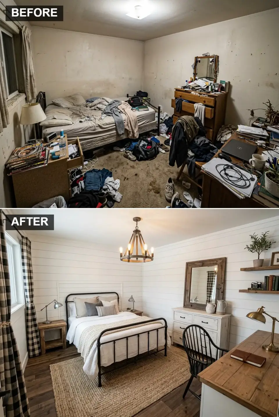 Rustic farmhouse bedroom with white vertical shiplap walls, black metal bed frame, natural pine furniture, and a large jute rug grounding the sleeping zone