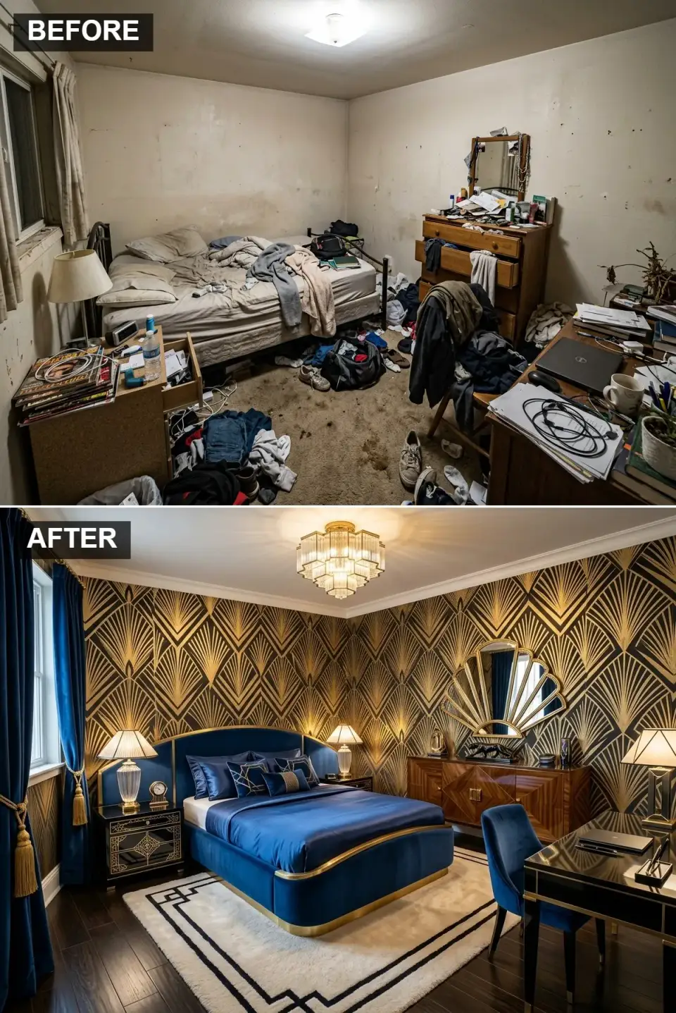 Hollywood Glam bedroom with sapphire navy velvet bed, metallic gold geometric Art Deco wallpaper, high-gloss black furniture, crystal chandelier, and floor-length velvet curtains