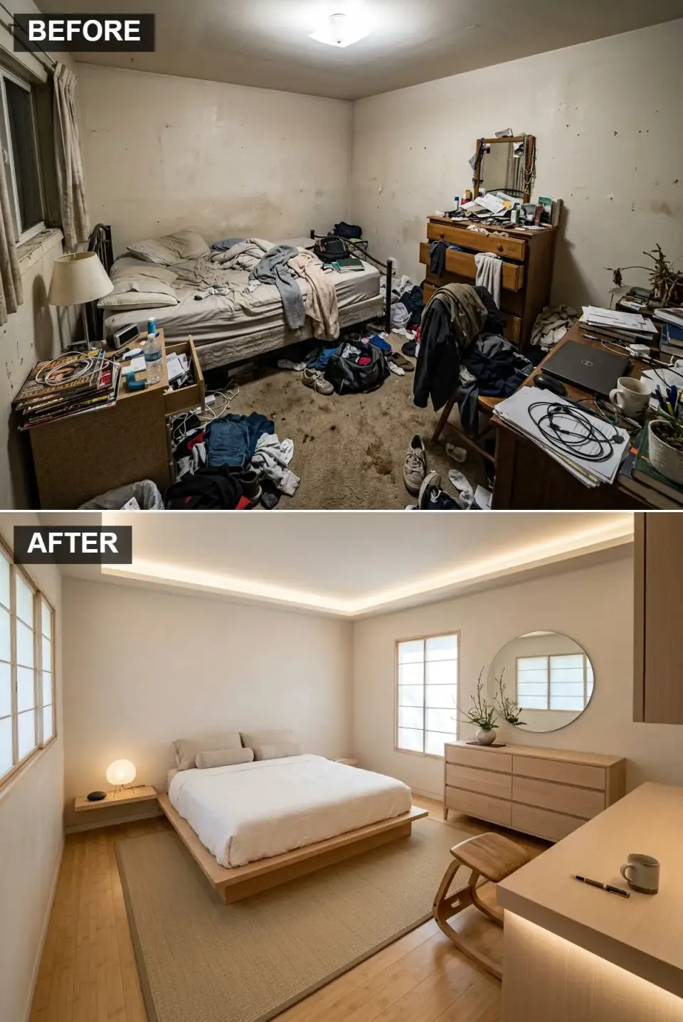 Japandi bedroom with off-white walls, low platform bed, blonde ash furniture, paper lantern lamp, and a shoji-inspired window screen filtering natural light
