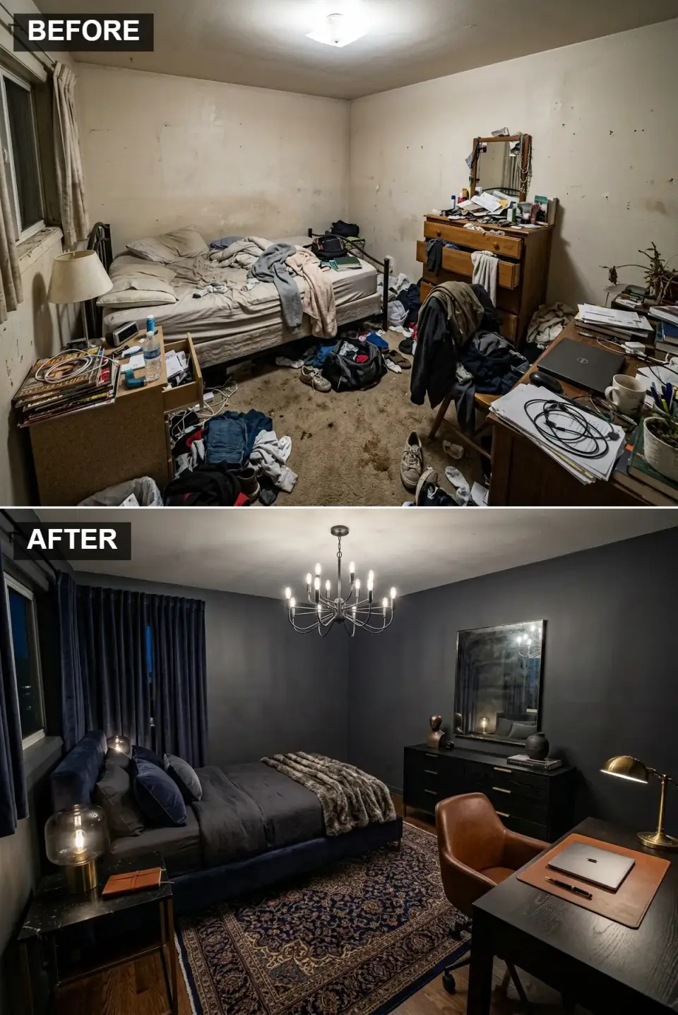 Moody bedroom with deep charcoal walls, navy velvet upholstered bed, espresso wood nightstands with aged brass hardware, and a vintage-style patterned rug