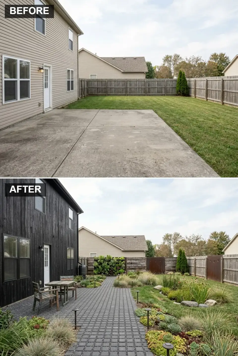 Modern black Shou Sugi Ban siding backyard with dark grey pavers gravel joints native grasses Corten steel planters vertical garden