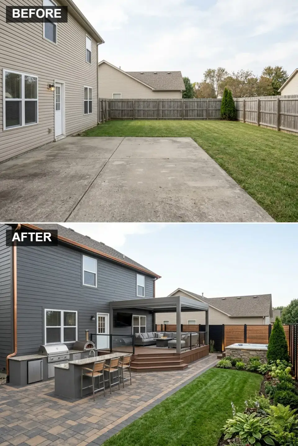 High-tech modern backyard with slate blue-grey siding copper gutters multi-level composite deck glass railings louvered pergola outdoor kitchen pizza oven bar seating TV lounge hot tub
