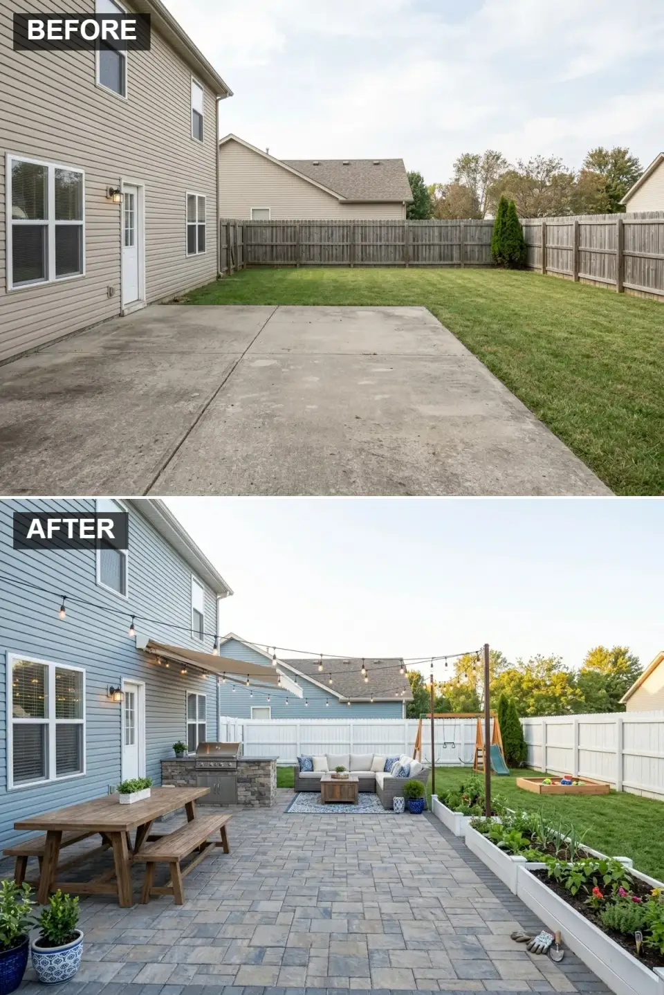Family-friendly backyard with light blue siding white vinyl fence paver patio dining set stone grill station sectional string lights retractable awning swing set sandbox raised vegetable beds