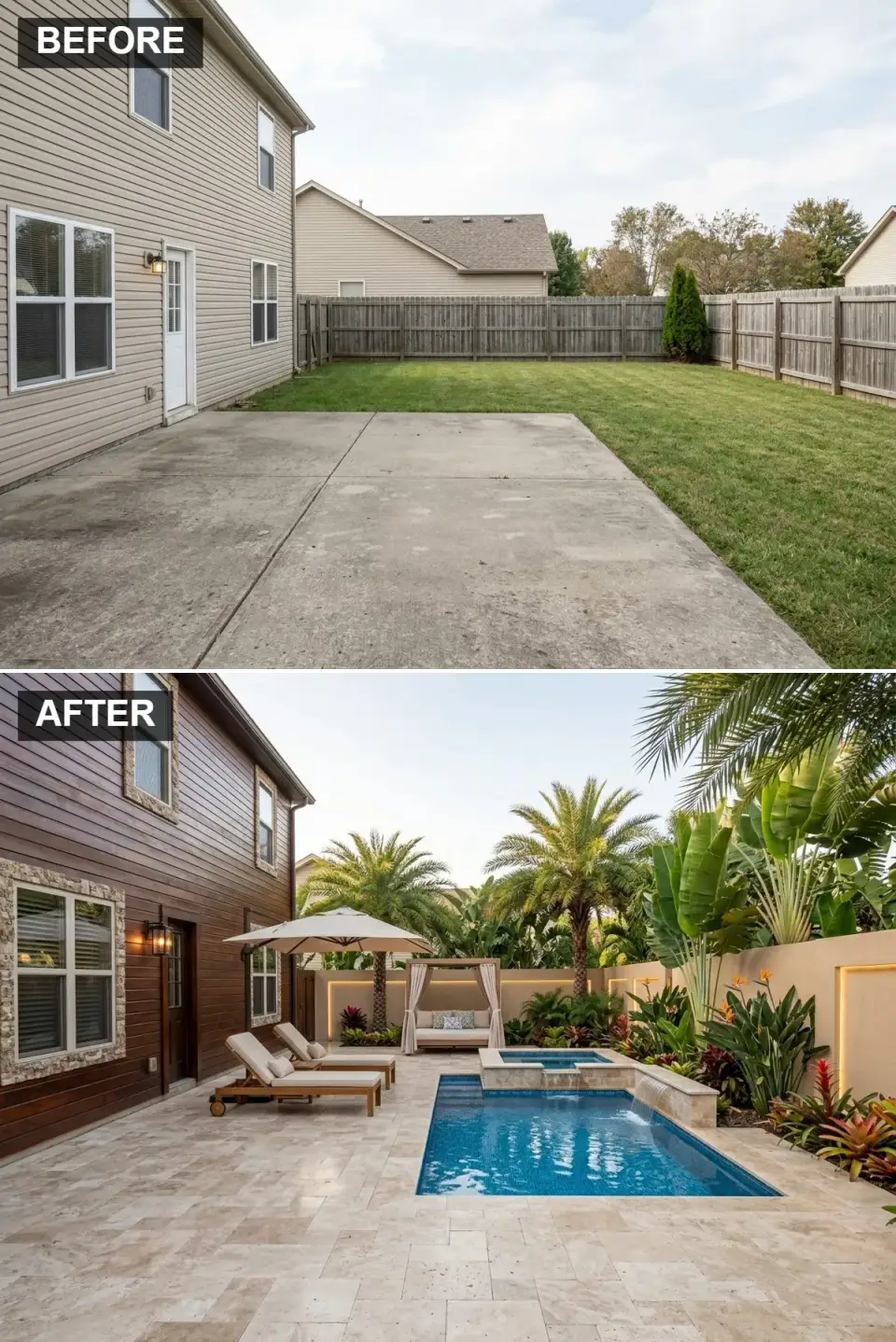 Tropical resort-style backyard with travertine pool deck custom pool spa water features dark wood siding stone veneer cabana daybed palms bird of paradise