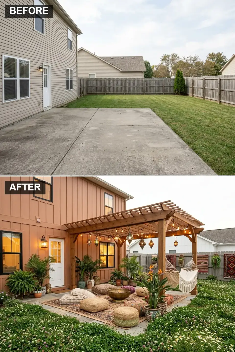 Bohemian backyard pergola with terracotta painted rear elevation flagstone patio layered patterned rugs floor cushions hammock string lights Moroccan lanterns wildflower garden