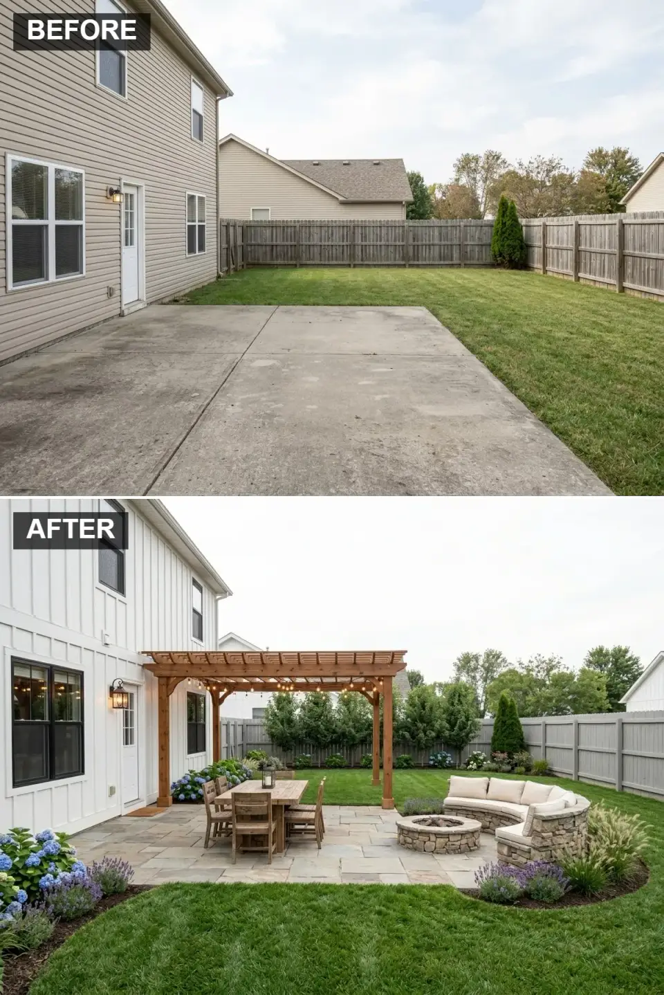 Modern farmhouse backyard with white board-and-batten siding flagstone patio wooden dining set under pergola curved stone seating wall fire pit hydrangeas lavender ornamental grasses
