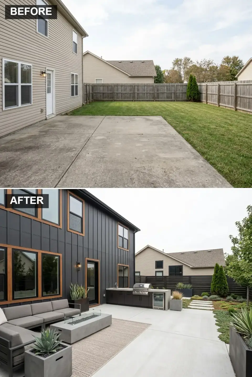 Modern outdoor kitchen with dark grey vertical siding wood trim full built-in kitchen grill sink fridge concrete patio large sectional long concrete fire table architectural planters