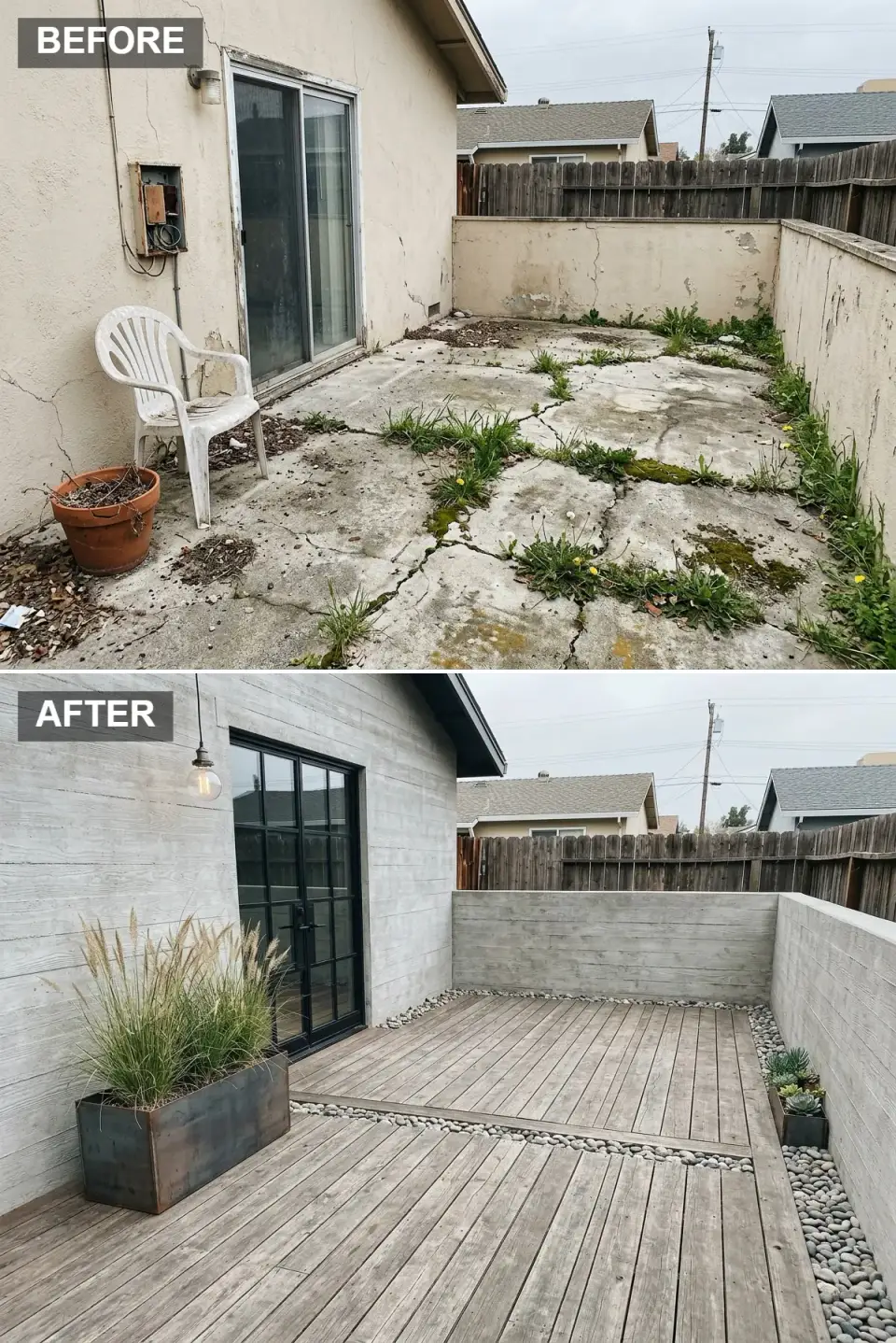 Modern Japanese side yard transformation with horizontal wood-look cladding wrapping house and courtyard walls, black steel-framed glass door, vintage Edison pendant, tiered timber deck with river stone inlays, monumental rusted steel planter with feather reed grass, and zen-meets-industrial composition