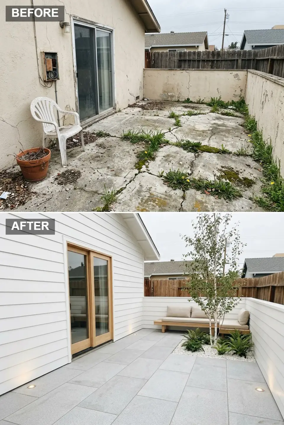 Nordic Scandinavian side yard with white horizontal clapboard walls, oak-framed sliding door, large pale gray porcelain tile flooring, custom L-shaped white oak built-in bench with linen cushions, silver birch tree in white gravel bed with ferns, recessed floor uplights