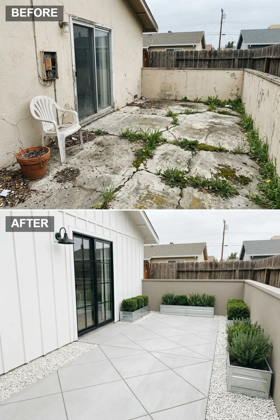 Modern farmhouse side yard transformation with vertical white board-and-batten siding, black steel grid door, matte black barn sconce, light gray porcelain tiles set in diamond pattern, white gravel edging, galvanized metal planters with clipped boxwoods and rosemary