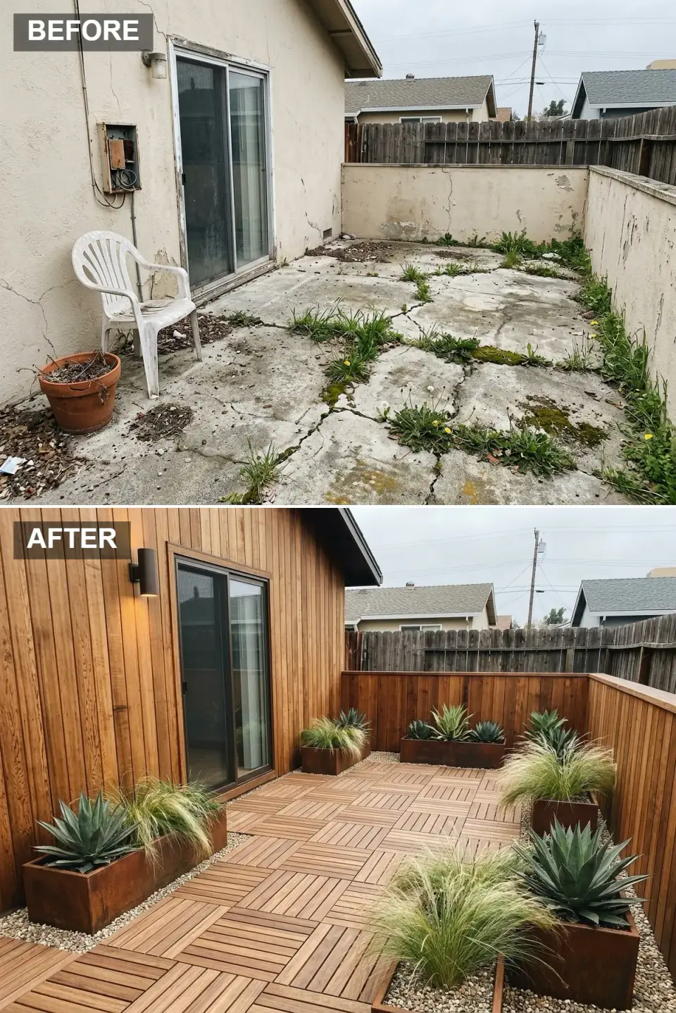 Warm wood hideaway side yard with natural cedar vertical siding wrapping facade and courtyard walls, black-framed slider, modular acacia deck tiles in parquet pattern with cream pebble bands, Corten steel planters with spiky agave and Mexican feather grass, cylindrical bronze sconce