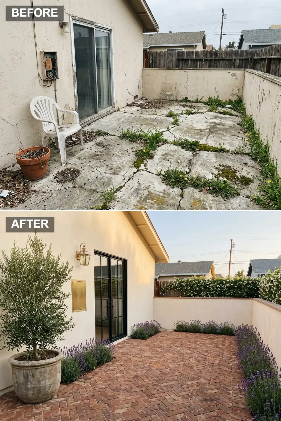 Provence-inspired side yard transformation with herringbone-laid terracotta brick paving, creamy limewash stucco walls, black steel French door with grid detailing, brass carriage lantern, aged stone pot with silvery olive tree, lavender rows bordering brick, climbing white jasmine