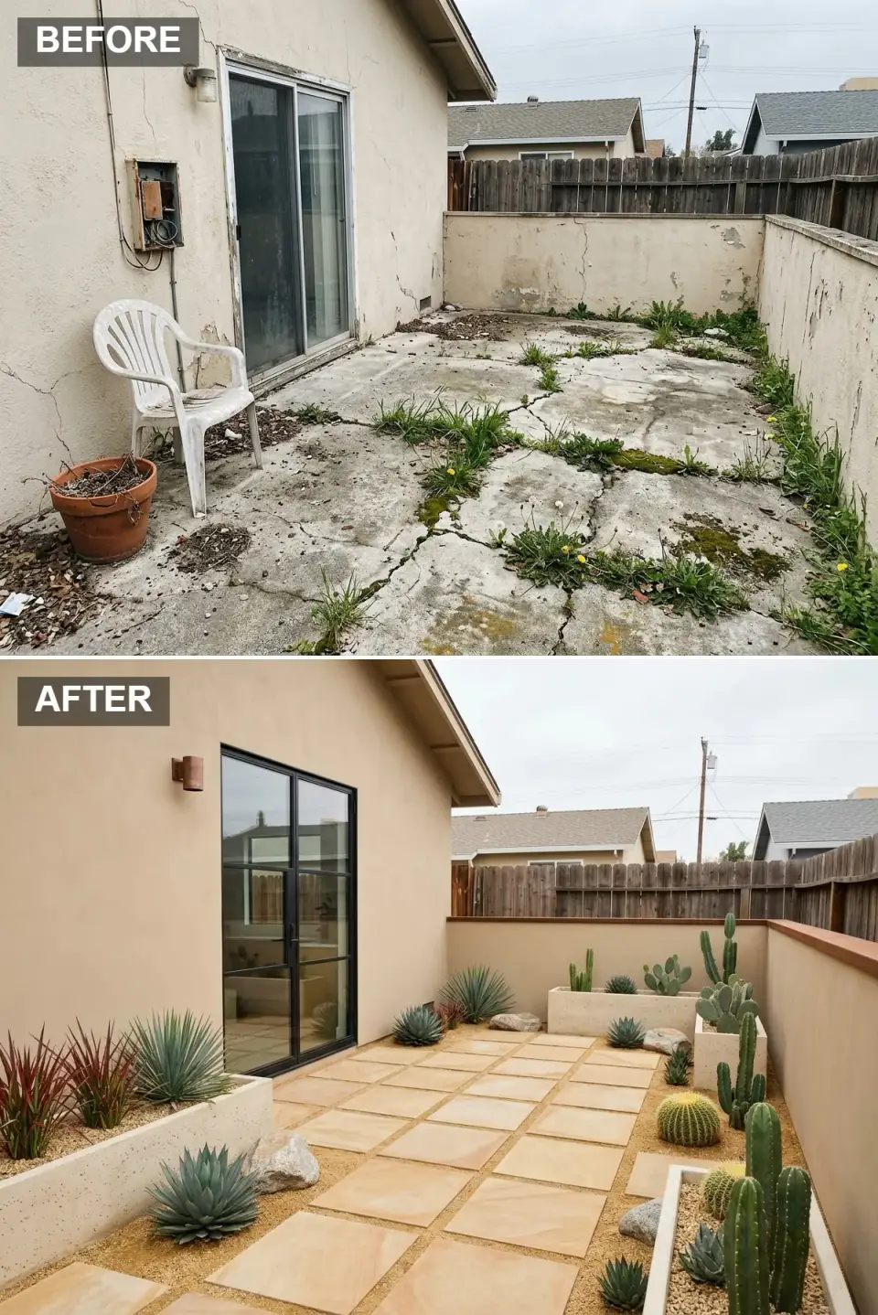 Sonoran desert side yard with warm sand-toned stucco walls, large square sandstone pavers on bed of golden decomposed granite, white concrete planters and sandy gravel beds with cacti agave barrel cacti and red yucca, copper cylindrical sconce, black-framed glass slider