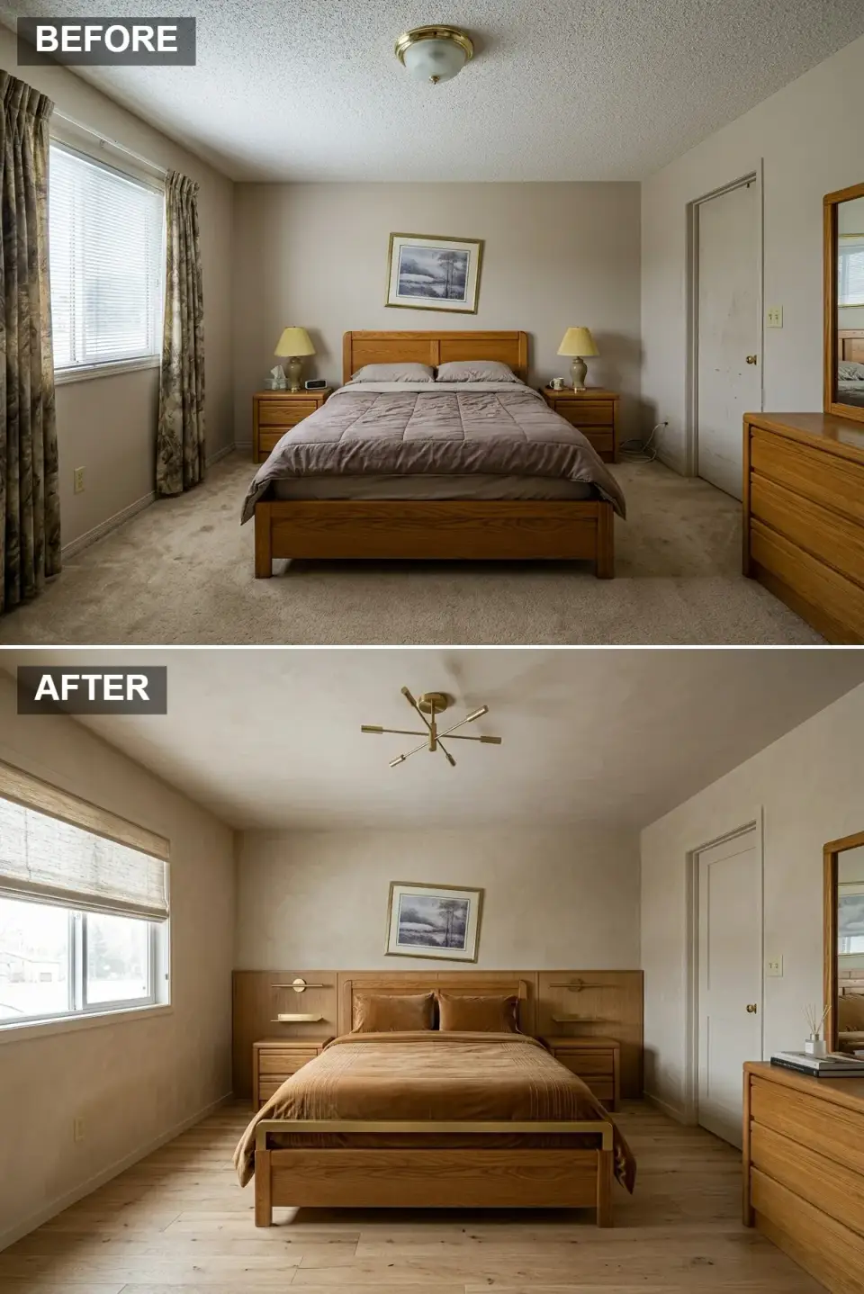 Scandinavian bedroom transformation with wide plank natural oak floors, continuous oak headboard wall with floating shelves, brass sputnik chandelier, and rust linen bedding