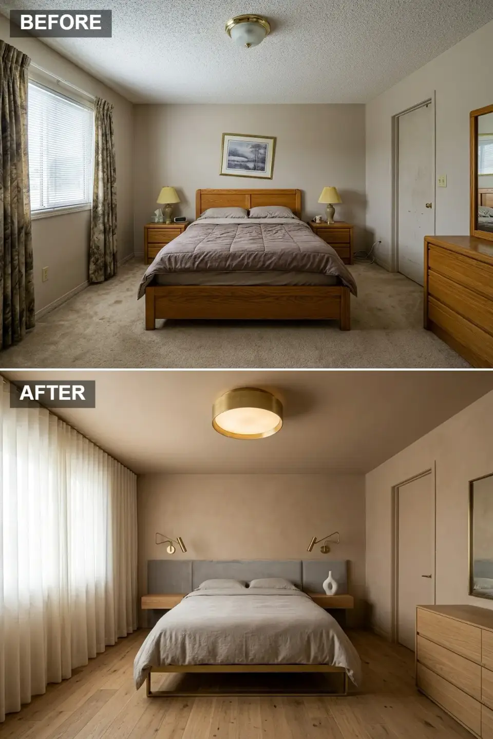 Warm minimalist bedroom with pinkish plaster walls and ceiling, pale oak floors, wide gray velvet headboard with brass legs, and a brass drum semi flush light