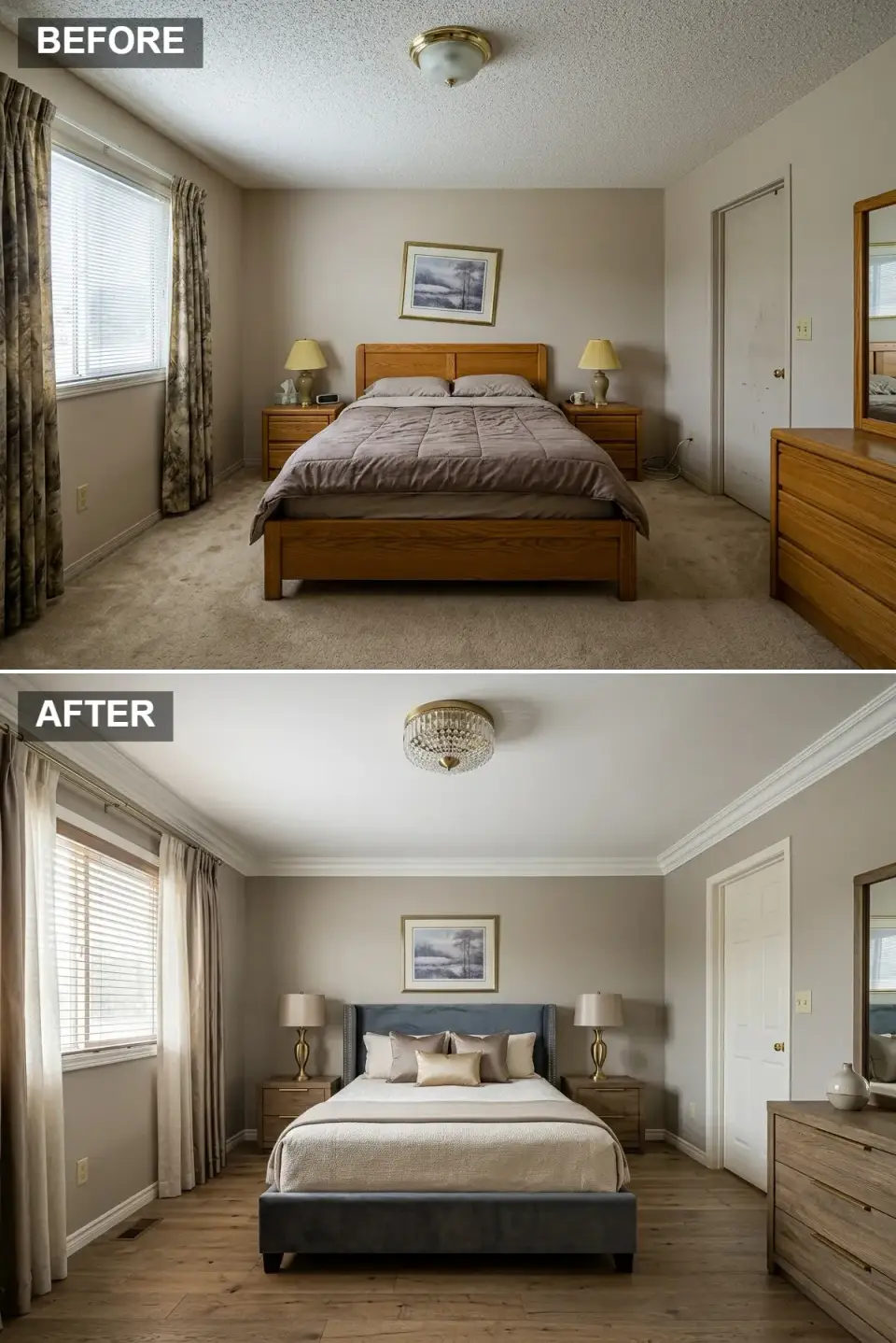 Transitional bedroom with warm gray walls, navy velvet upholstered bed with nailhead trim, walnut nightstands with brass pulls, and crystal basket semi flush light