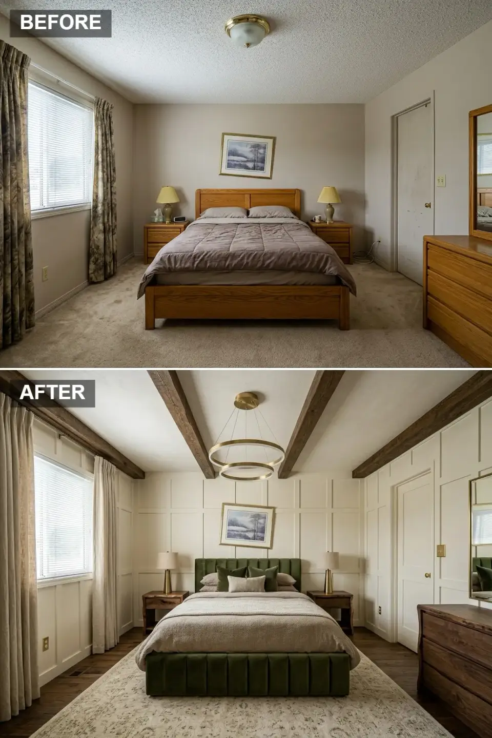 Modern farmhouse bedroom with dark wood ceiling beams, cream grid board and batten paneling, emerald green velvet channel tufted bed, and live edge walnut nightstands